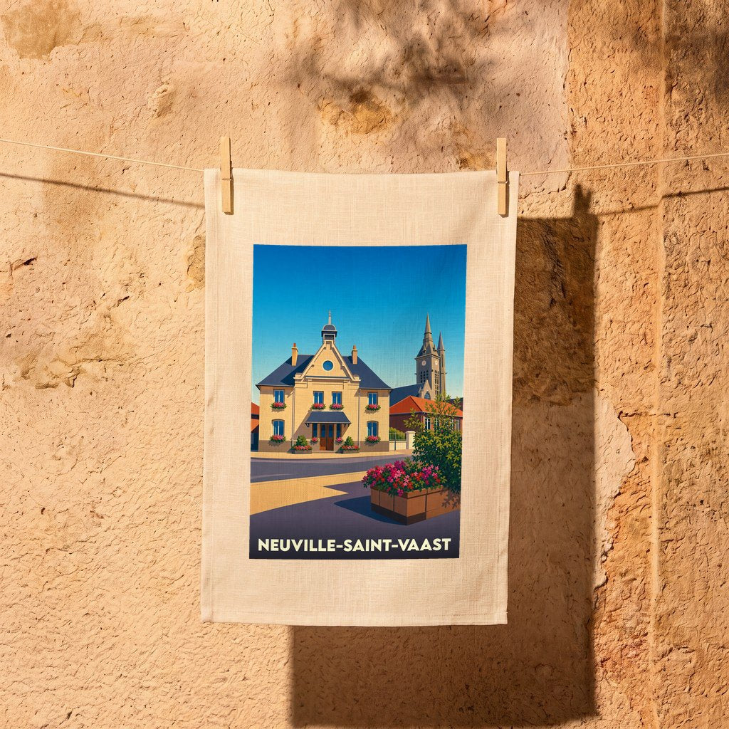 Torchon souvenir de la ville de Neuville-Saint-Vaast avec une illustration stylisée de sa mairie et de son église.