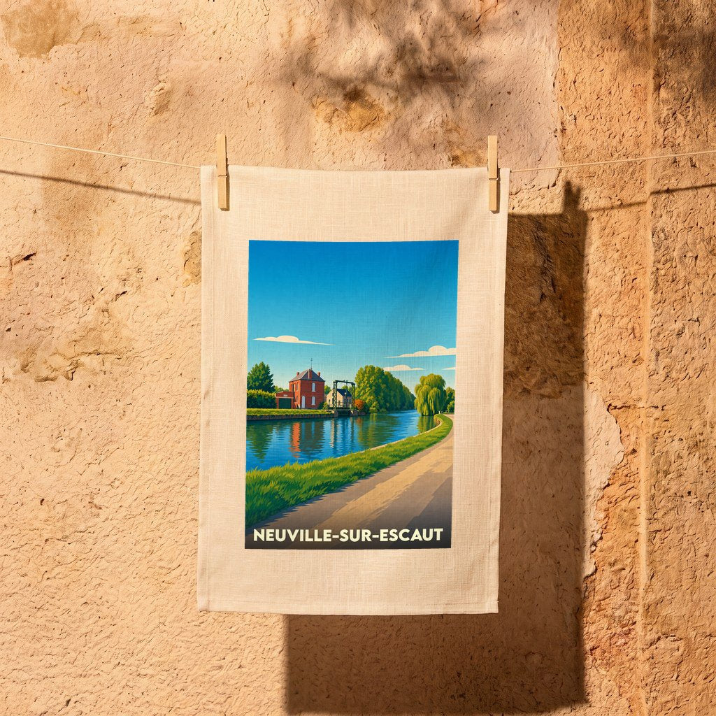Torchon souvenir de la ville de Neuville-sur-Escaut avec une illustration stylisée de son canal.