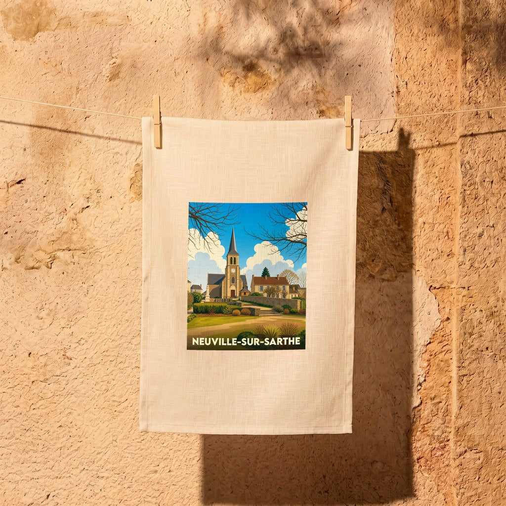 Torchon souvenir de la ville de Neuville-sur-Sarthe avec une illustration stylisée.