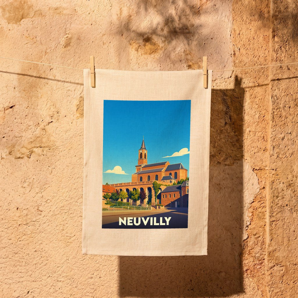Torchon souvenir de la ville de Neuvilly avec une illustration stylisée.