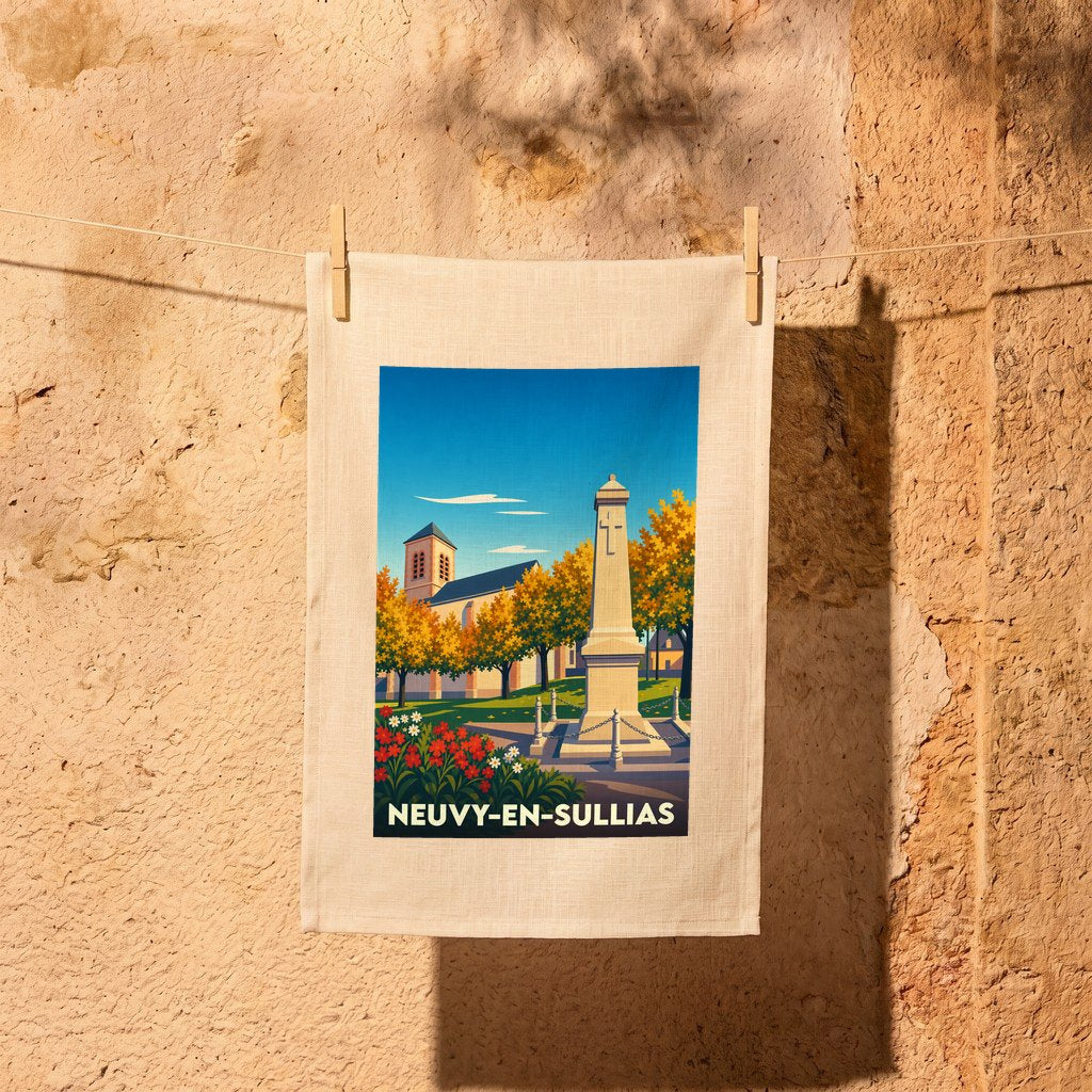 Torchon souvenir de la ville de Neuvy-en-Sullias avec une illustration stylisée de son monument aux morts et de son église.