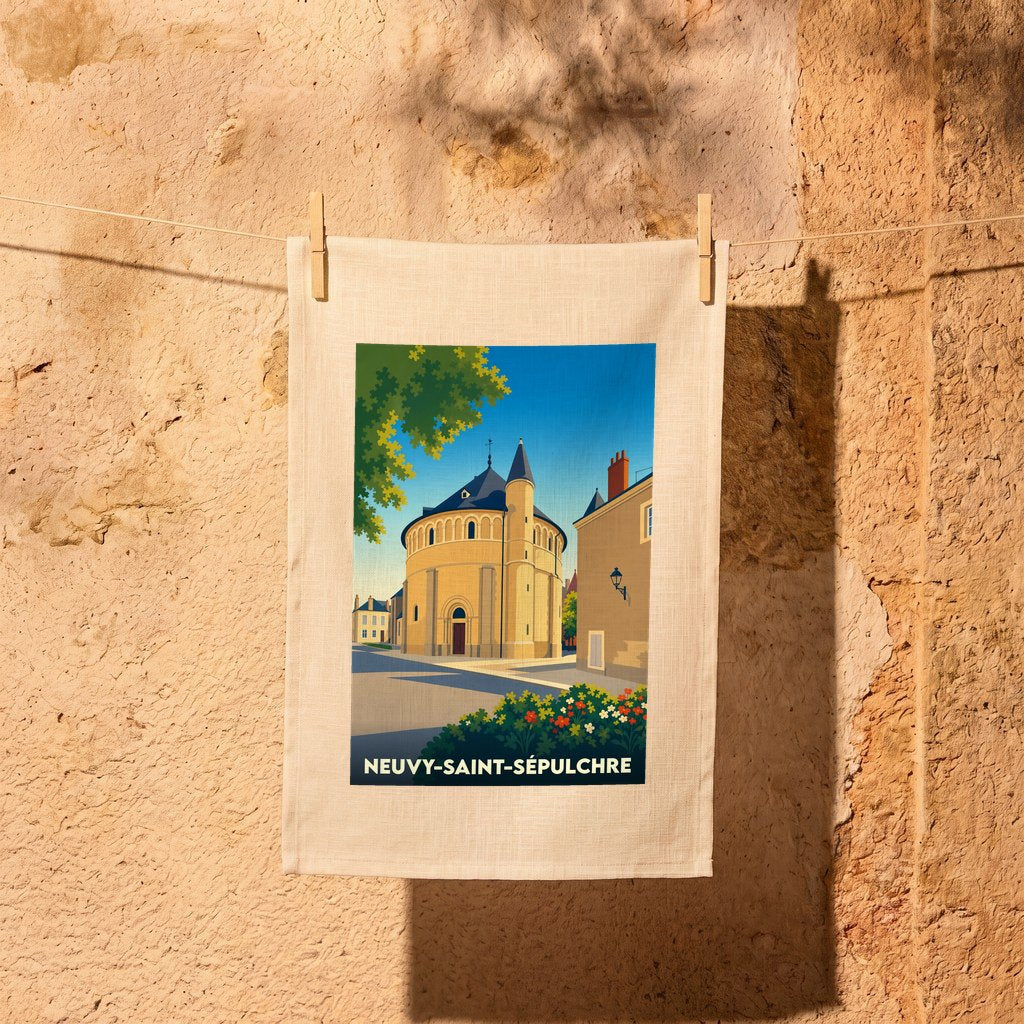 Torchon souvenir de la ville de Neuvy-Saint-Sépulchre avec une illustration stylisée de sa basilique.