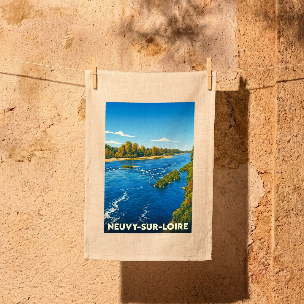 Torchon souvenir de la ville de Neuvy-sur-Loire avec une illustration stylisée des bords de Loire.