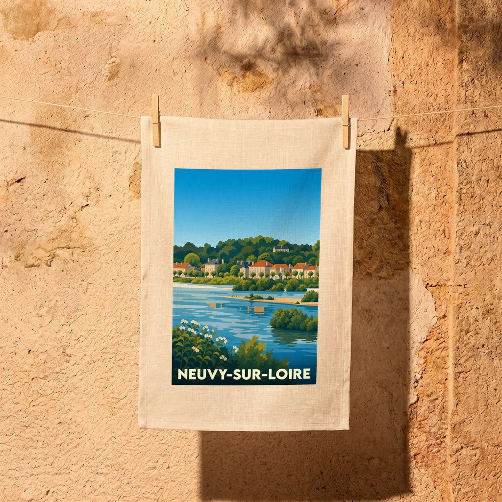 Torchon souvenir de la ville de Neuvy-sur-Loire avec une illustration stylisée des bords de Loire.