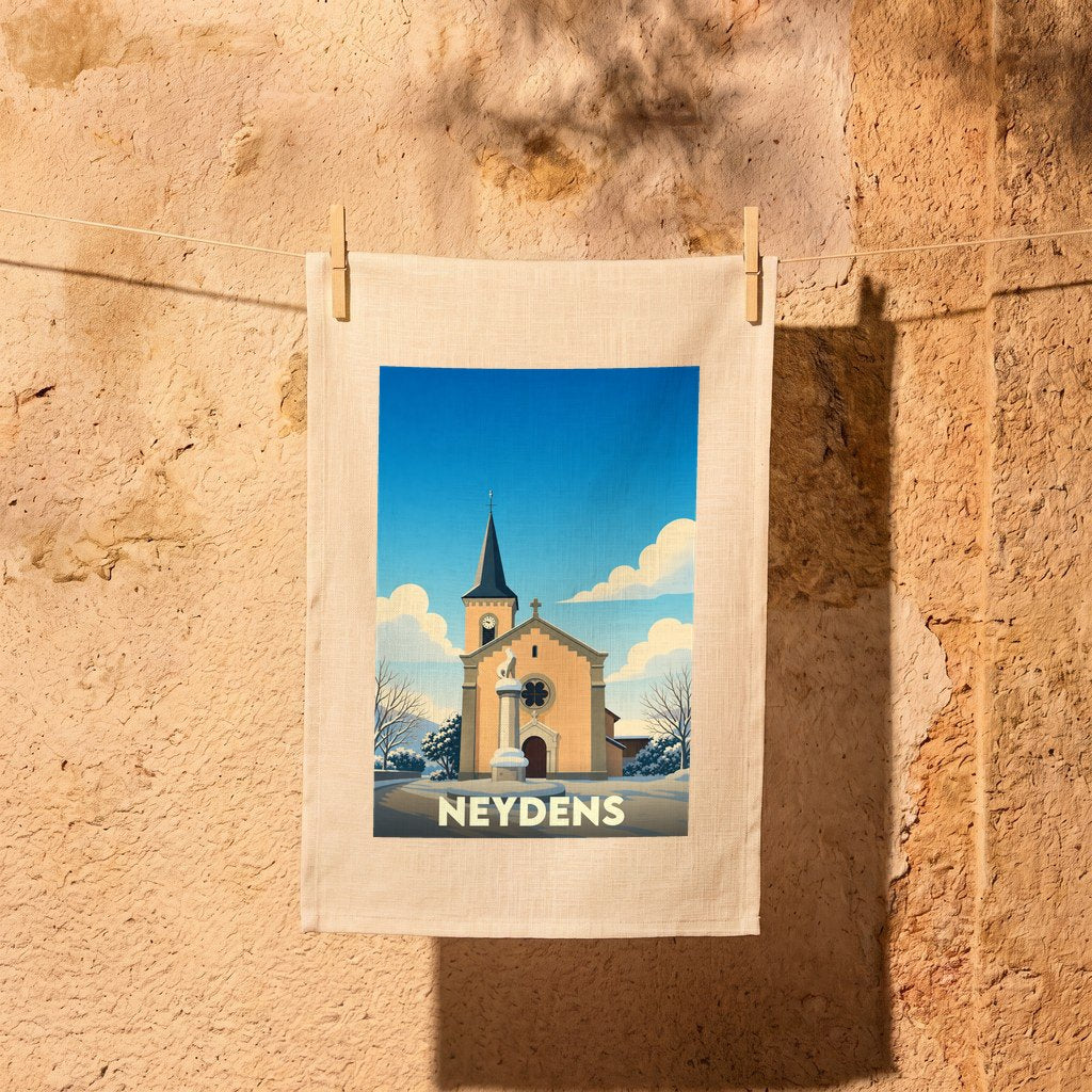 Torchon souvenir de la ville de Neydens avec une illustration stylisée d'une église sous la neige.