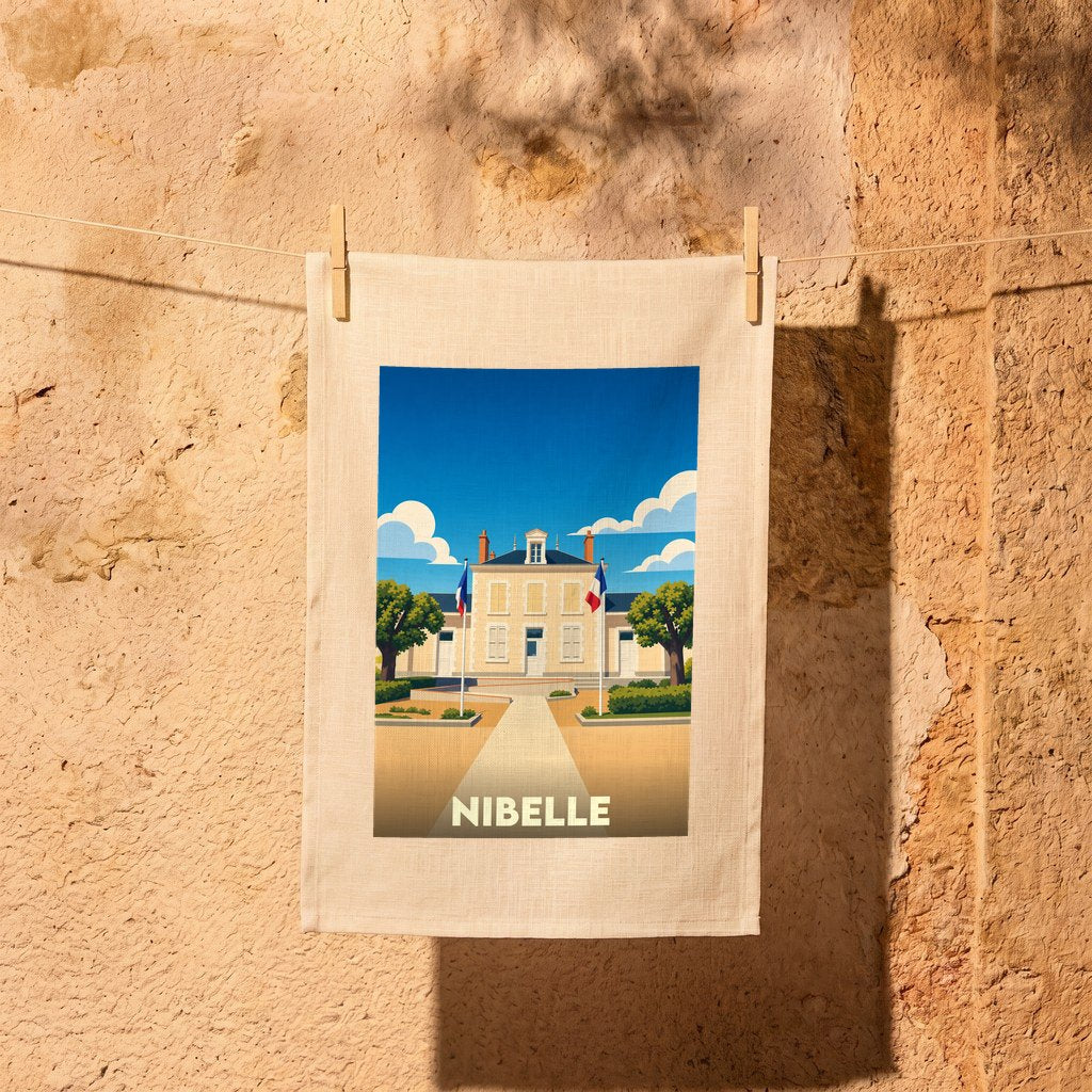 Torchon souvenir de la ville de Nibelle avec une illustration stylisée de sa mairie.