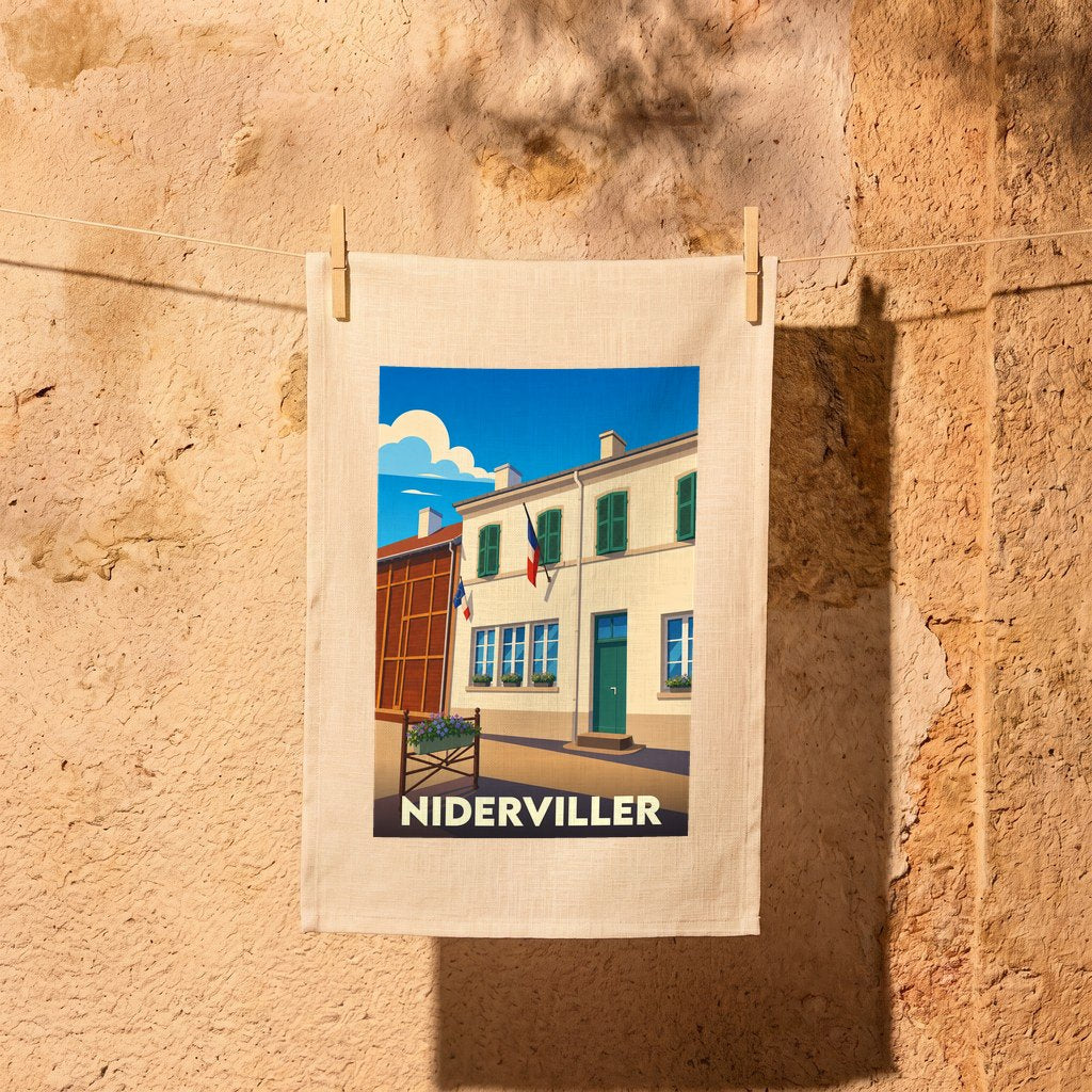 Torchon souvenir de la ville de Niderviller avec une illustration stylisée d'un bâtiment typique.