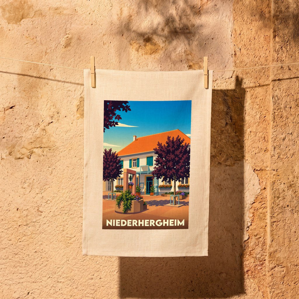 Torchon souvenir de la ville de Niederhergheim avec une illustration stylisée.