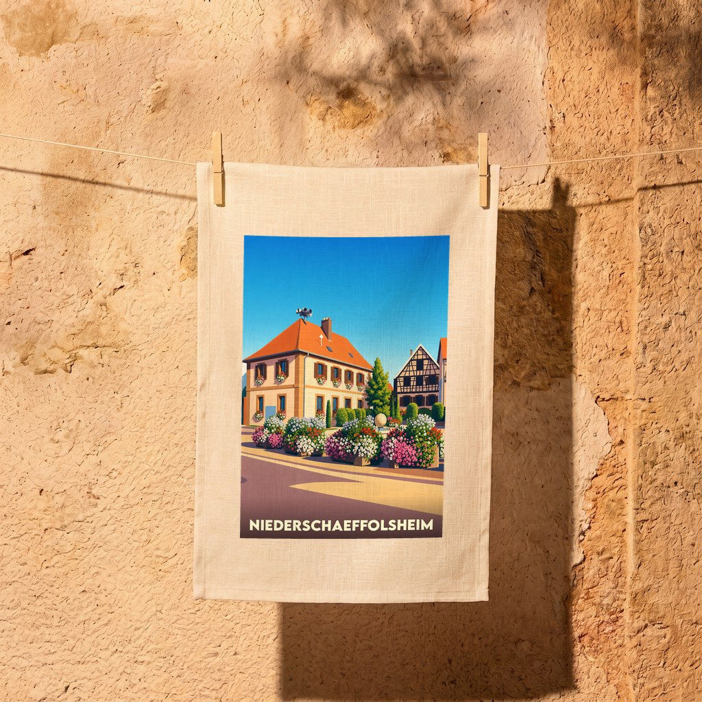 Torchon souvenir de la ville de Niederschaeffolsheim avec une illustration stylisée et fleurie.