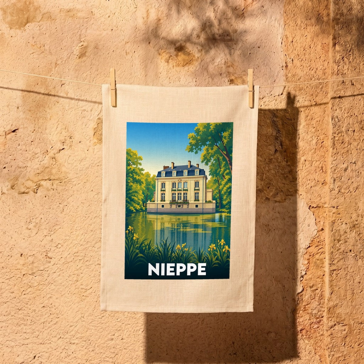 Torchon souvenir de la ville de Nieppe illustré par un château se reflétant dans l'eau.