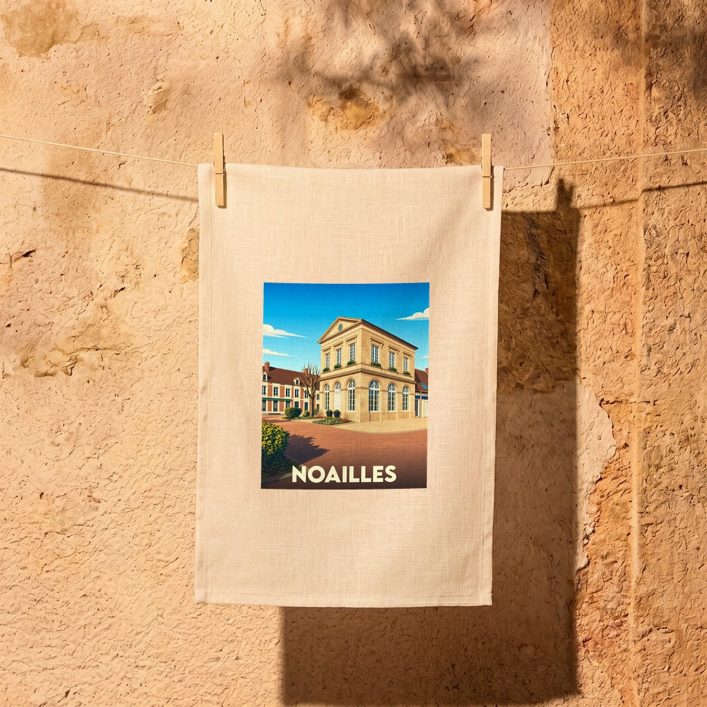 Torchon souvenir de la ville de Noailles illustré d'un bâtiment historique au style vintage, suspendu sur un mur en pierre.