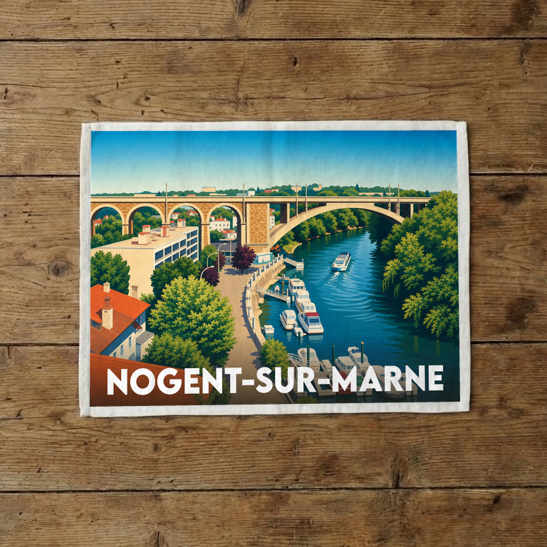 Torchon souvenir de la ville de Nogent-sur-Marne illustré d'un paysage stylisé des bords de Marne et du viaduc.