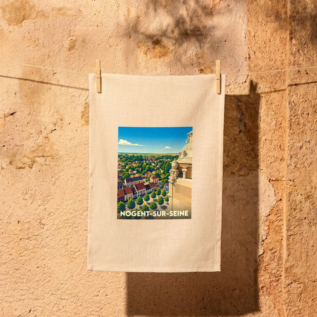 Torchon souvenir de la ville de Nogent-sur-Seine avec une illustration stylisée.