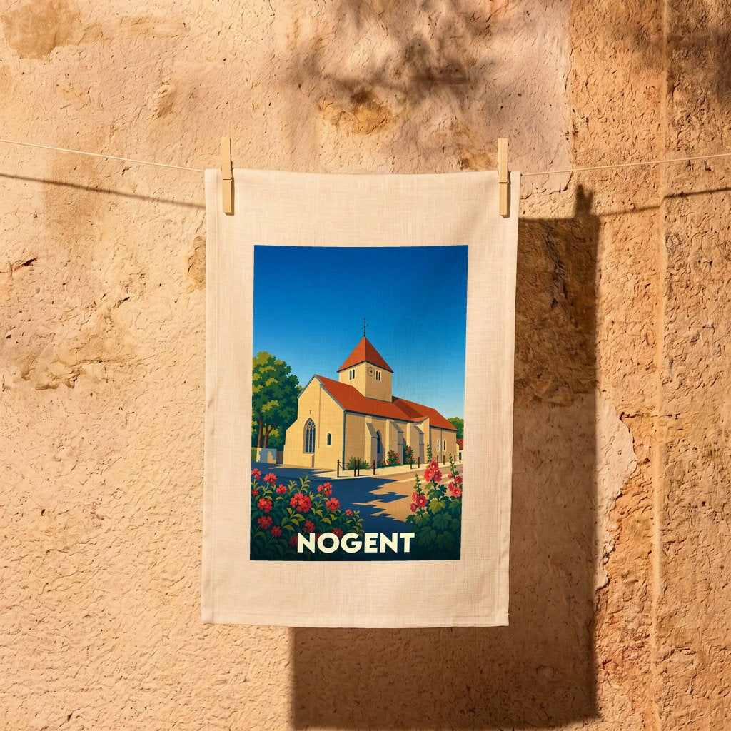 Torchon souvenir de la ville de Nogent avec une illustration stylisée de son église.
