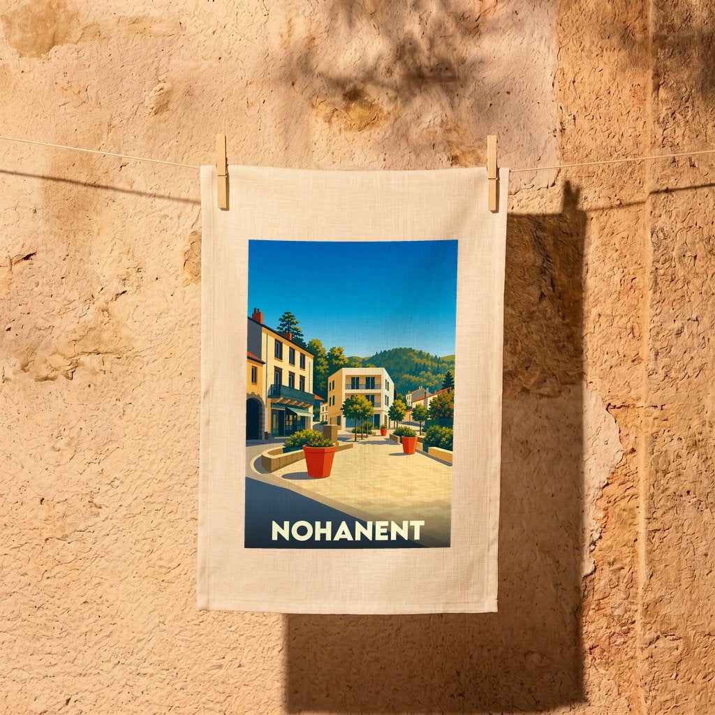 Torchon souvenir de la ville de Nohanent avec une illustration stylisée d'une place ensoleillée.