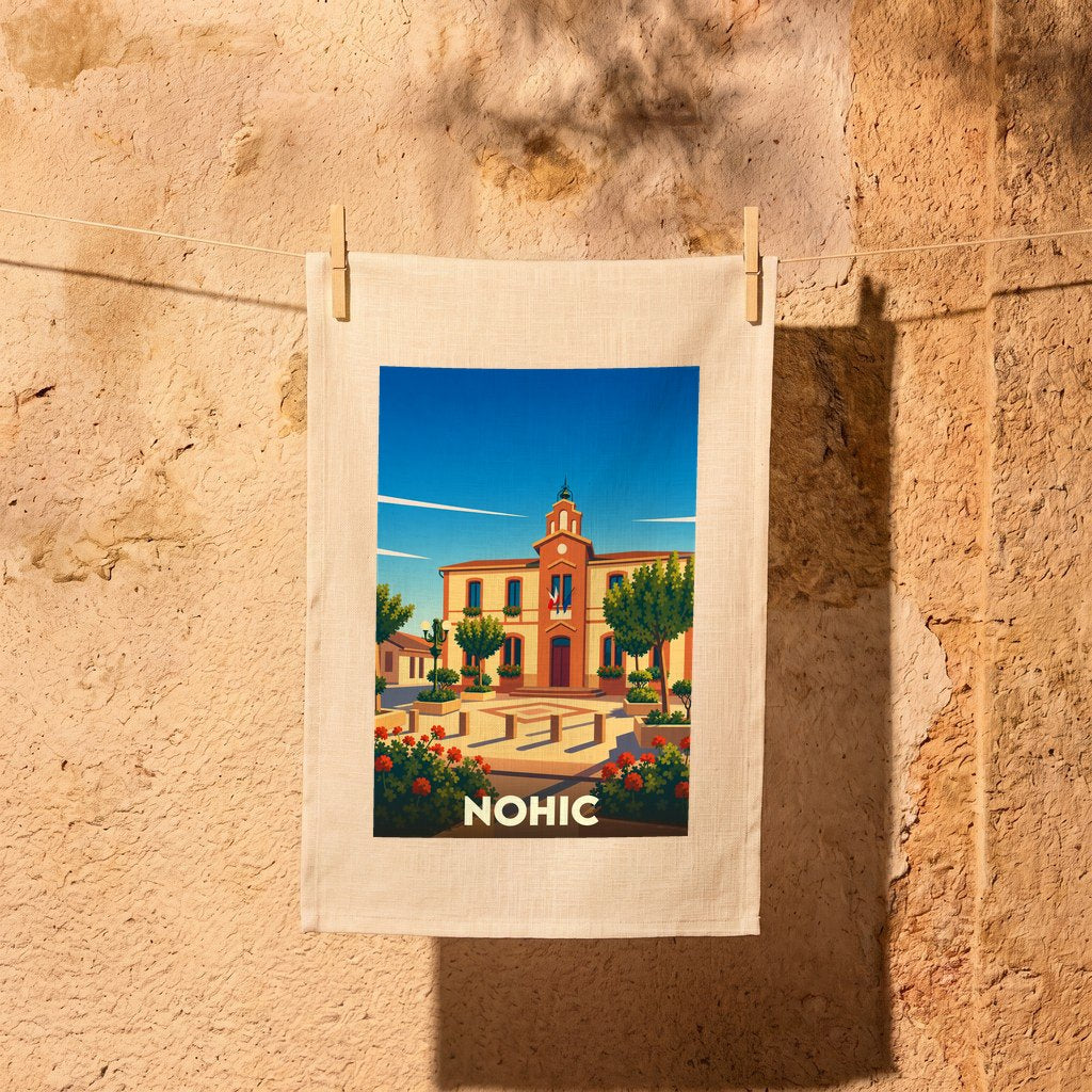 Torchon souvenir de la ville de Nohic orné d'une illustration stylisée de sa mairie.