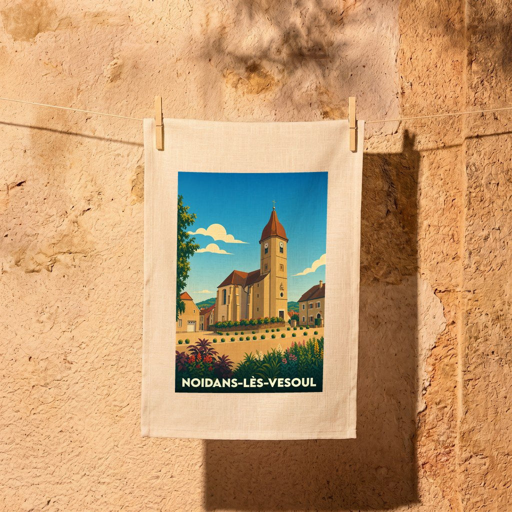Torchon souvenir de la ville de Noidans-lès-Vesoul avec une illustration stylisée de son église.