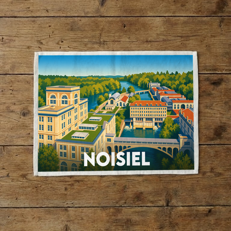 Torchon souvenir de la ville de Noisiel avec une illustration stylisée.