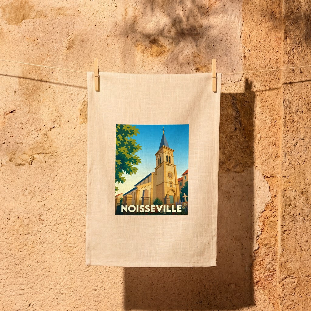 Torchon souvenir de la ville de Noisseville avec une illustration stylisée de son église.