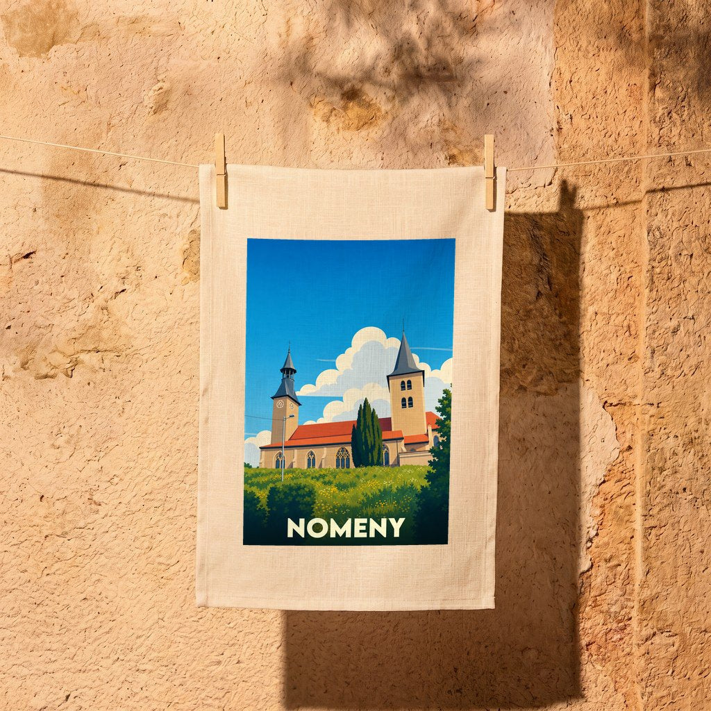 Torchon souvenir de la ville de Nomeny avec une illustration stylisée de son église sous un ciel bleu.