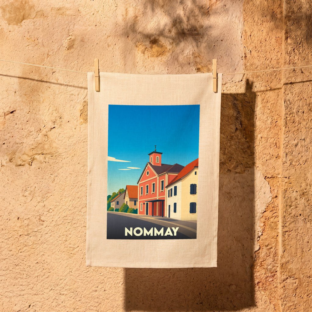 Torchon souvenir de la ville de Nommay avec une illustration stylisée.