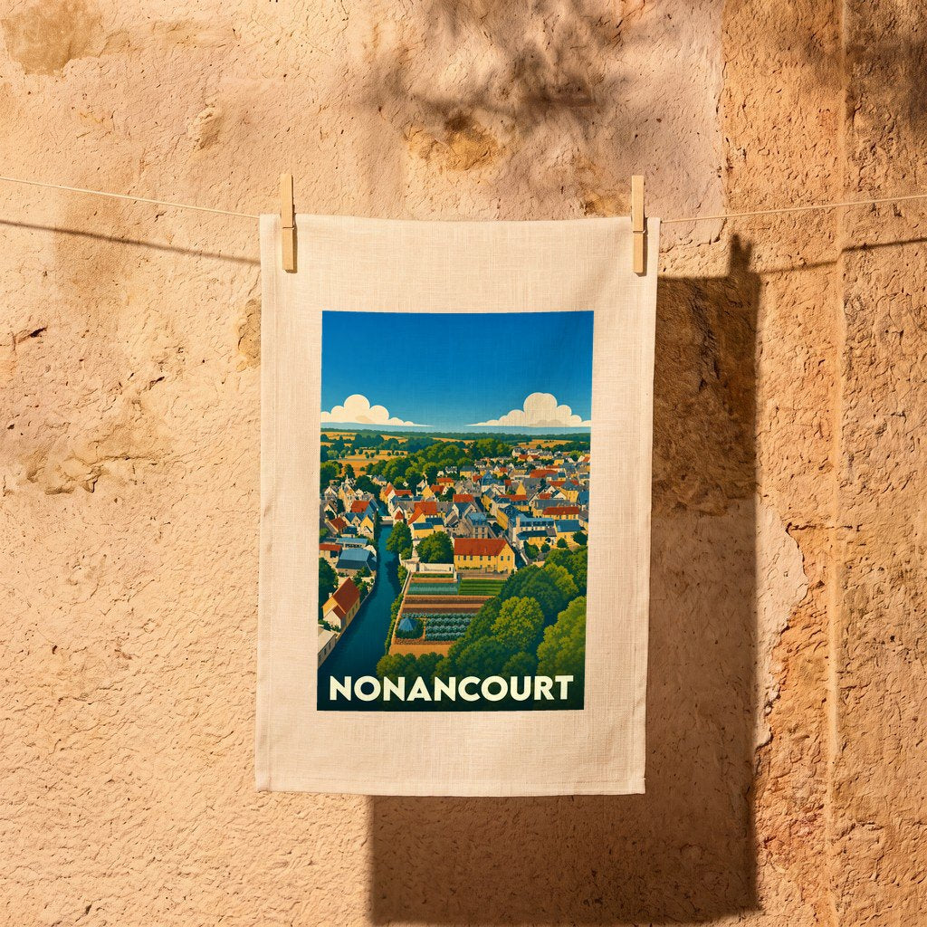 Torchon souvenir de la ville de Nonancourt avec une illustration stylisée d'un paysage urbain coloré.