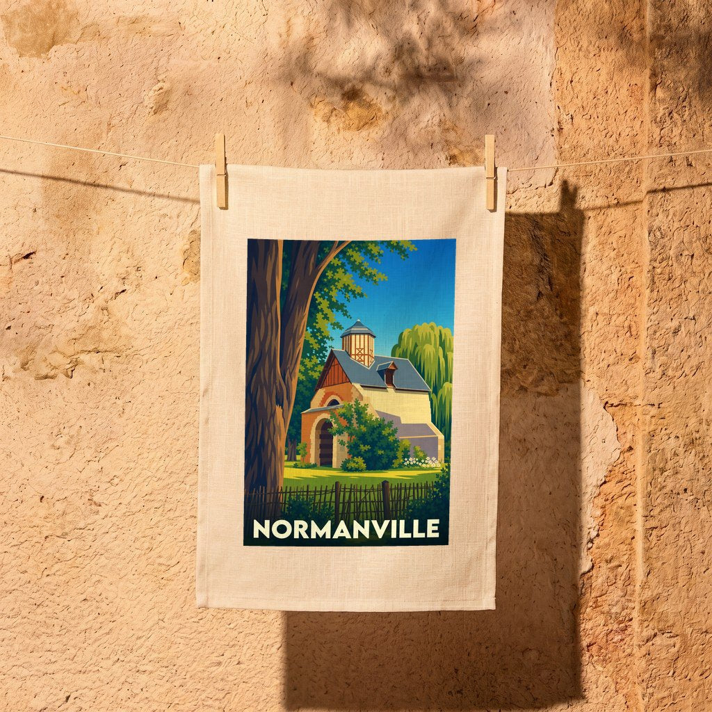 Torchon souvenir de la ville de Normanville orné d'une illustration stylisée de son patrimoine.