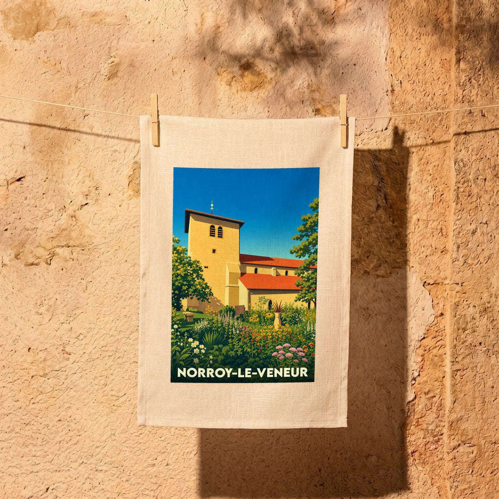 Torchon souvenir de la ville de Norroy-le-Veneur avec une illustration stylisée de son église et de ses jardins.
