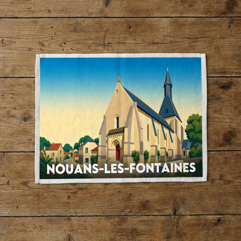 Torchon souvenir de la ville de Nouans-les-Fontaines avec une illustration stylisée de son église.