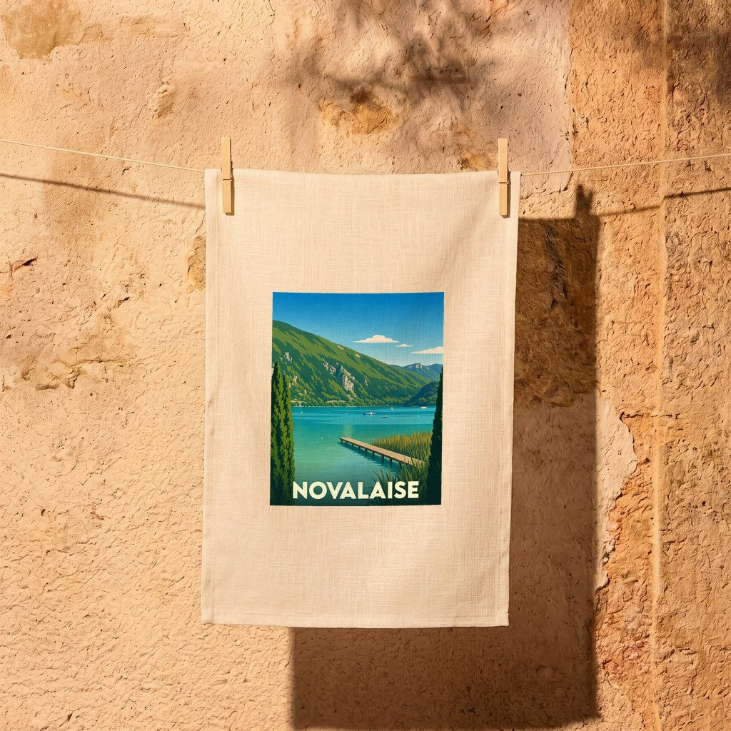 Torchon souvenir de la ville de Novalaise avec une illustration stylisée de son lac et de ses montagnes.