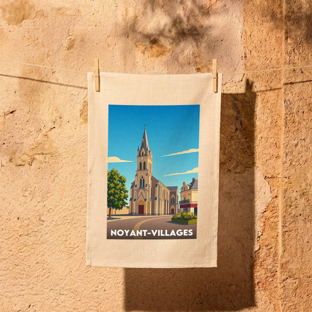 Torchon souvenir de la ville de Noyant-Villages avec une illustration stylisée d'une église sous un ciel bleu.