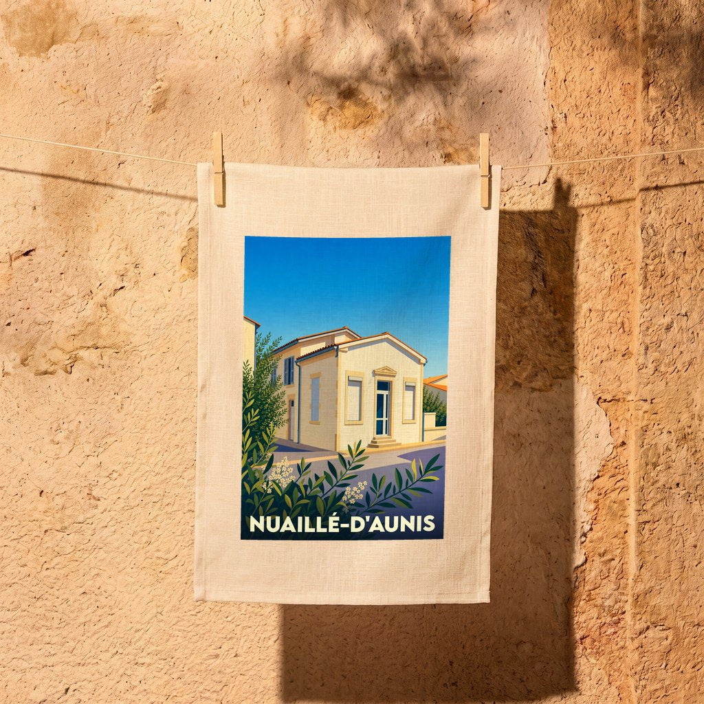 Torchon souvenir de la ville de Nuaillé-d'Aunis avec une illustration stylisée d'un bâtiment local.