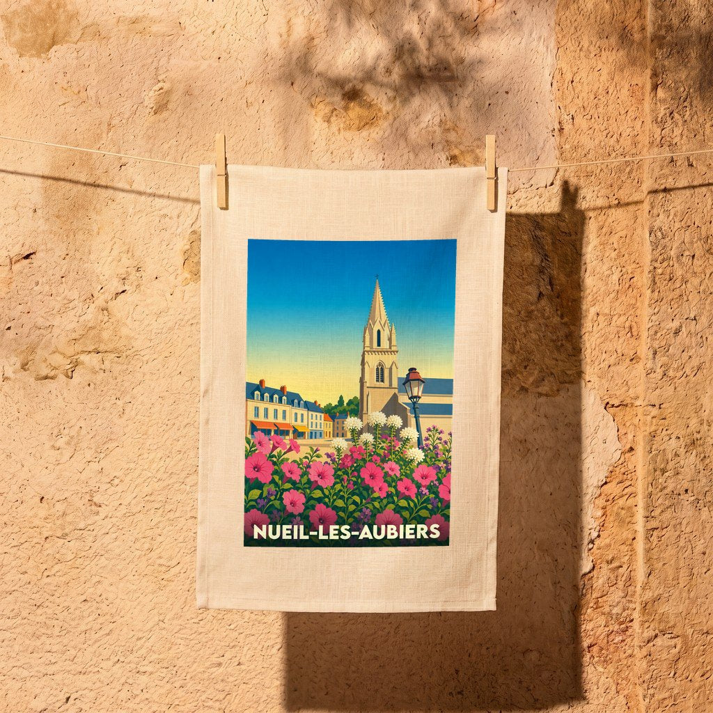 Torchon souvenir de la ville de Nueil-les-Aubiers avec une illustration colorée et stylisée.