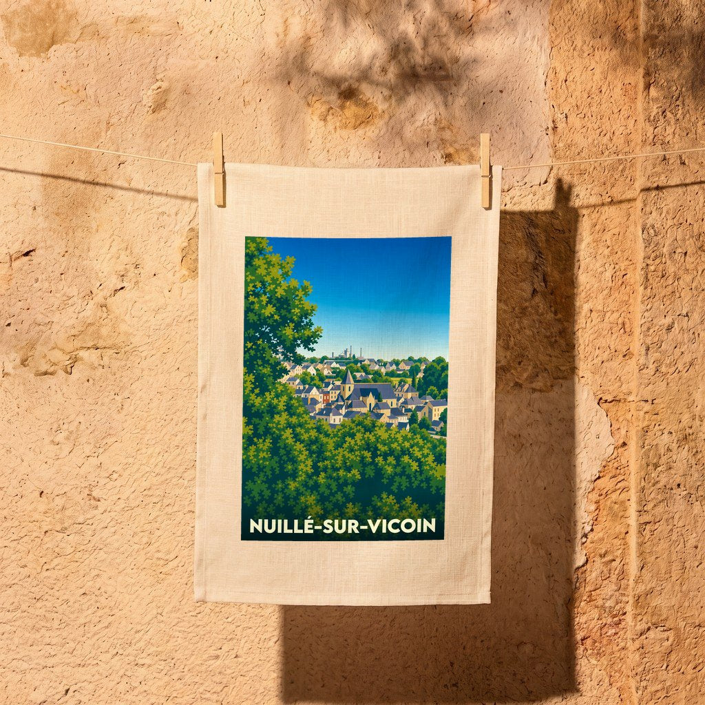 Torchon souvenir de la ville de Nuillé-sur-Vicoin avec une illustration stylisée.