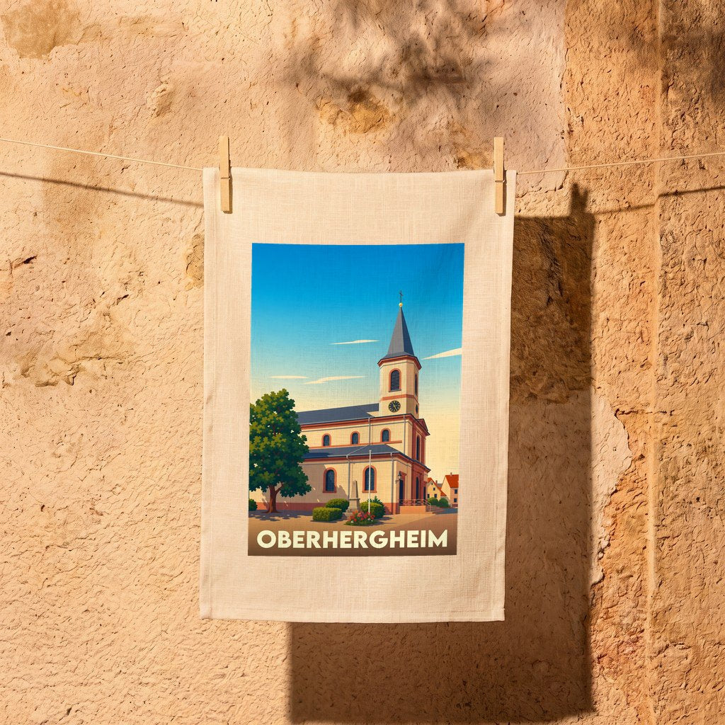 Torchon souvenir de la ville d'Oberhergheim avec une illustration stylisée de son église.