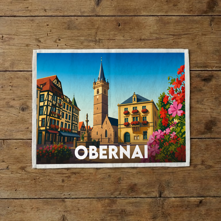 Torchon souvenir de la ville d'Obernai avec une illustration stylisée de son architecture traditionnelle.