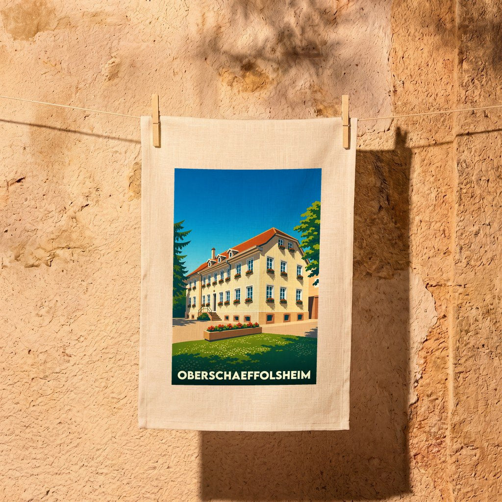 Torchon souvenir de la ville d'Oberschaeffolsheim avec une illustration stylisée.