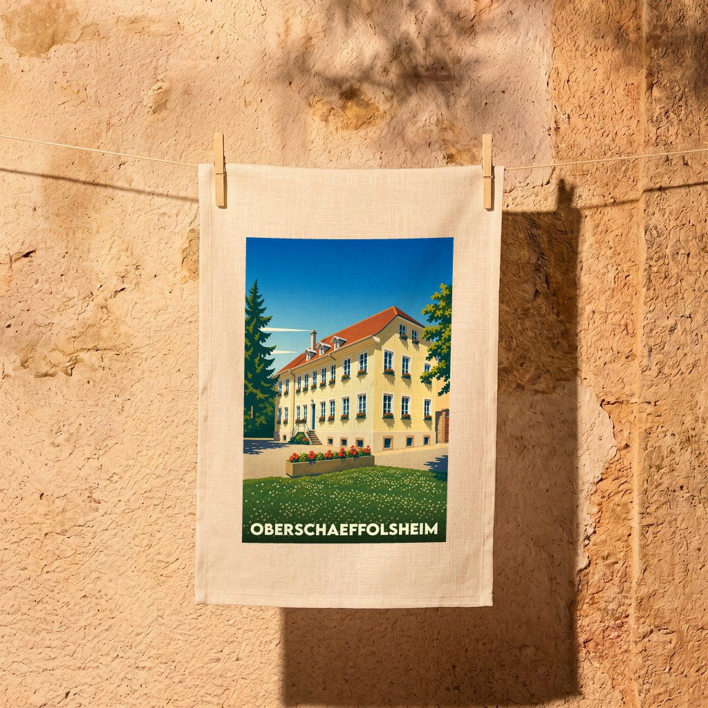 Torchon souvenir de la ville d'Oberschaeffolsheim avec une illustration colorée et stylisée d'un bâtiment traditionnel.