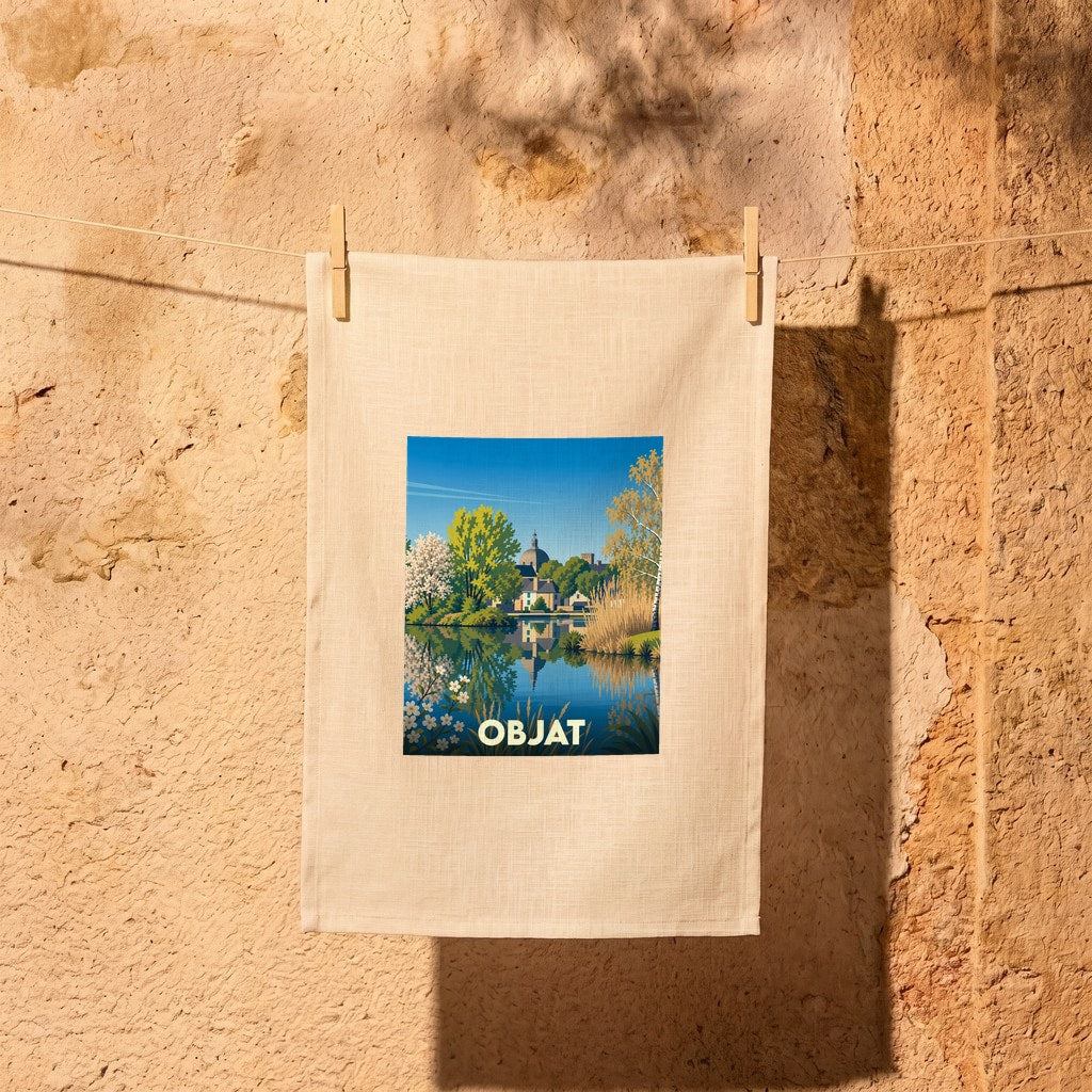 Torchon souvenir de la ville d'Objat avec une illustration stylisée d'un paysage lacustre.