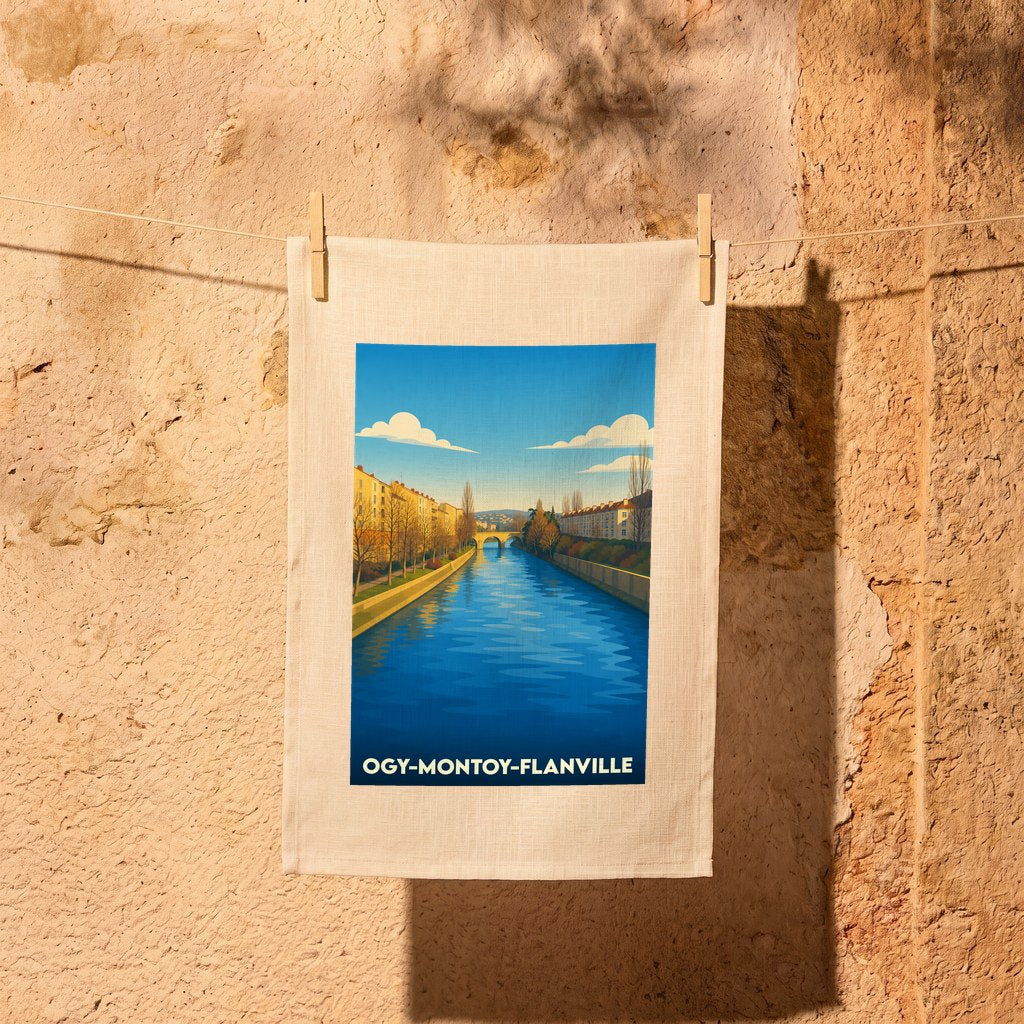 Torchon souvenir de la ville d'Ogy-Montoy-Flanville avec une illustration stylisée d'un canal urbain.