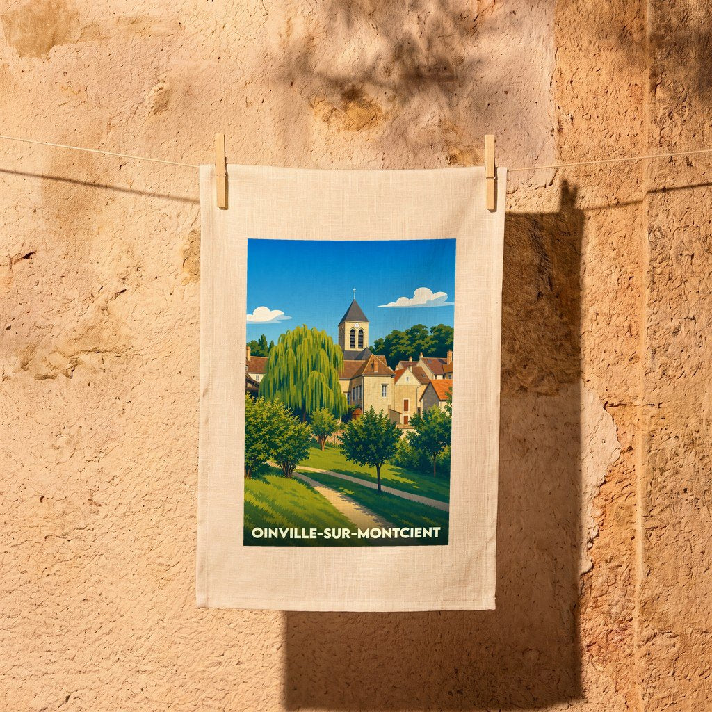 Torchon souvenir de la ville de Oinville-sur-Montcient avec une illustration stylisée.
