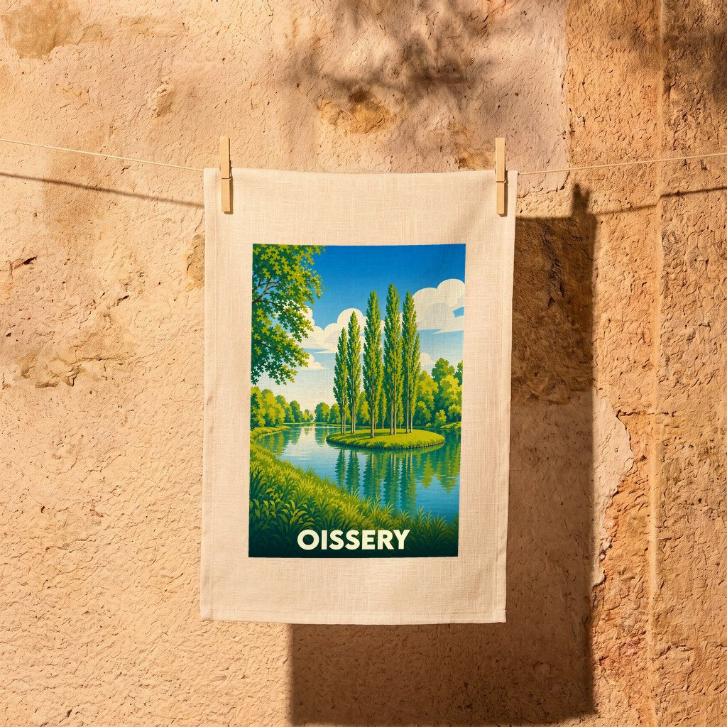 Torchon souvenir de la ville de Oissery illustré d'un paysage de rivière verdoyant au style rétro.