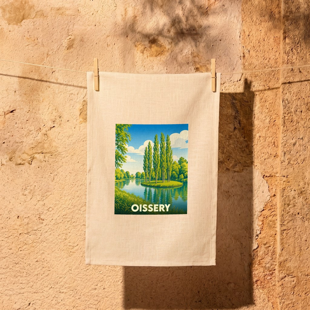 Torchon souvenir de la ville de Oissery illustré d'un paysage de rivière verdoyant au style rétro.