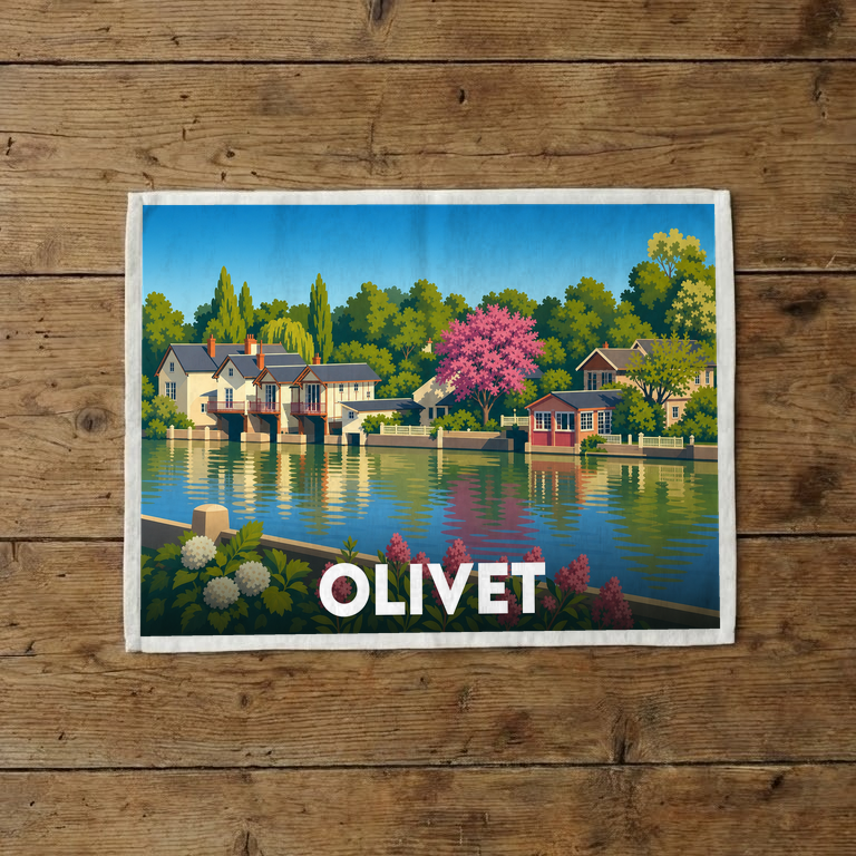 Torchon souvenir de la ville d'Olivet avec une illustration stylisée d'un paysage au bord de l'eau.