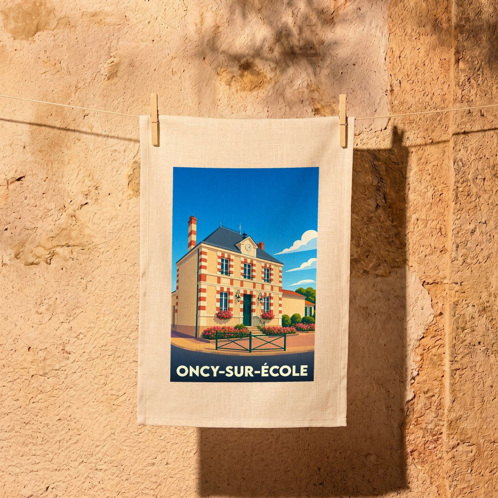 Torchon souvenir de la ville de Oncy-sur-École avec une illustration stylisée.