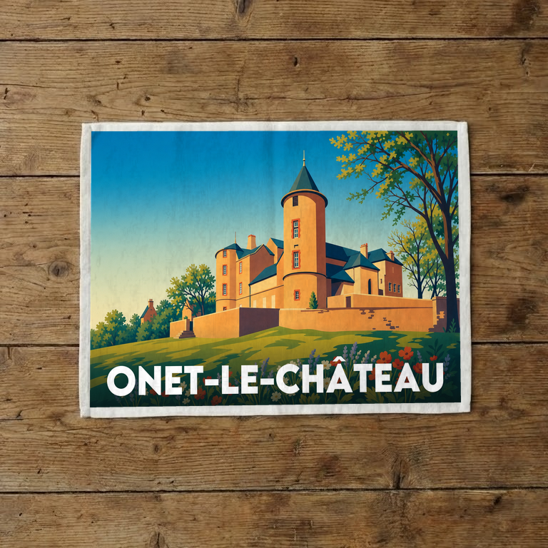 Torchon souvenir de la ville d'Onet-le-Château avec une illustration stylisée de son château médiéval.