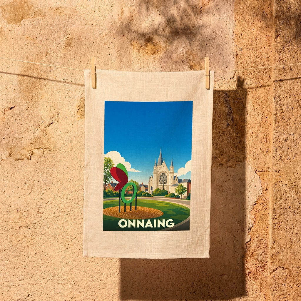 Torchon souvenir de la ville d'Onnaing illustré par une affiche de style rétro représentant son église et une sculpture moderne.