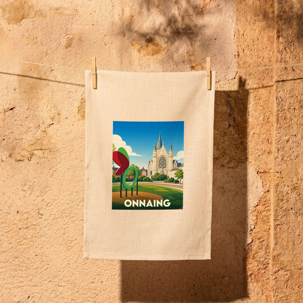 Torchon souvenir de la ville d'Onnaing illustré par une affiche de style rétro représentant son église et une sculpture moderne.
