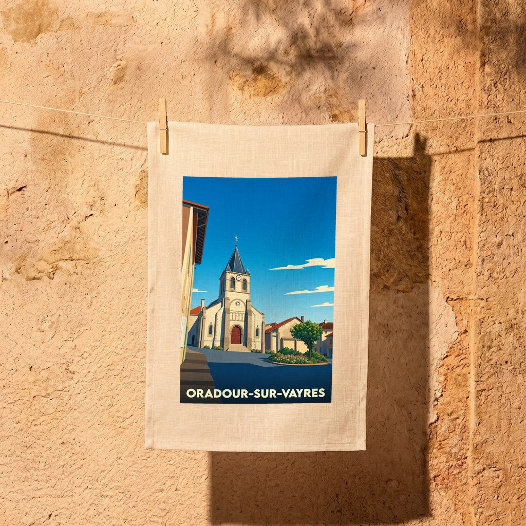 Torchon souvenir de la ville de Oradour-sur-Vayres avec une illustration stylisée de son église.