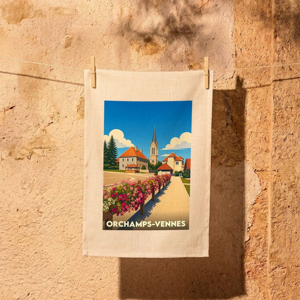 Torchon souvenir de la ville d'Orchamps-Vennes avec une illustration stylisée.